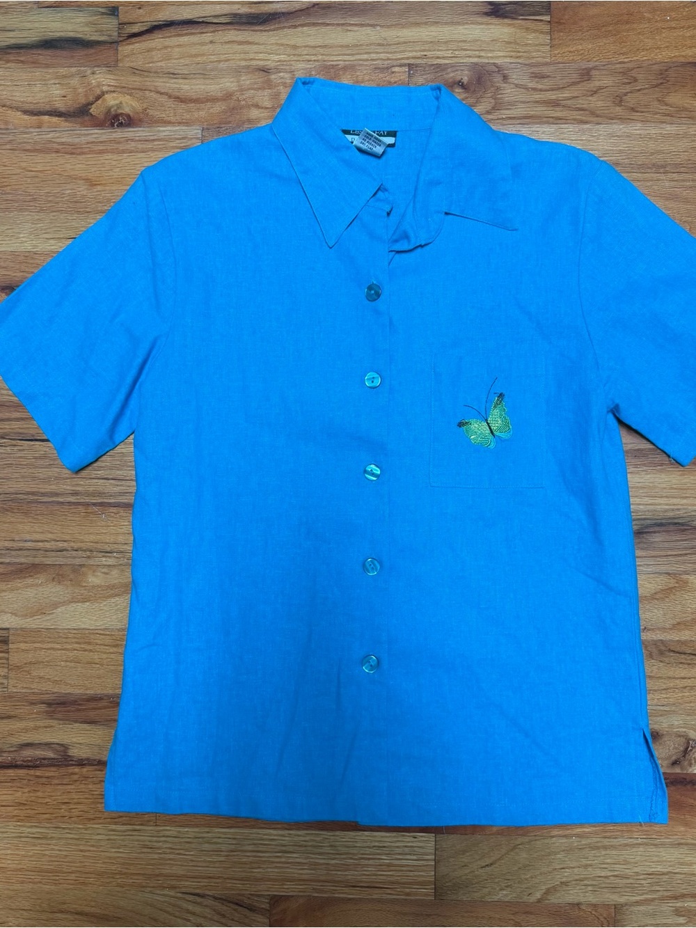 Leslie Fay Bright Blue Short-Sleeve Button-Down with Butterfly Embroidery